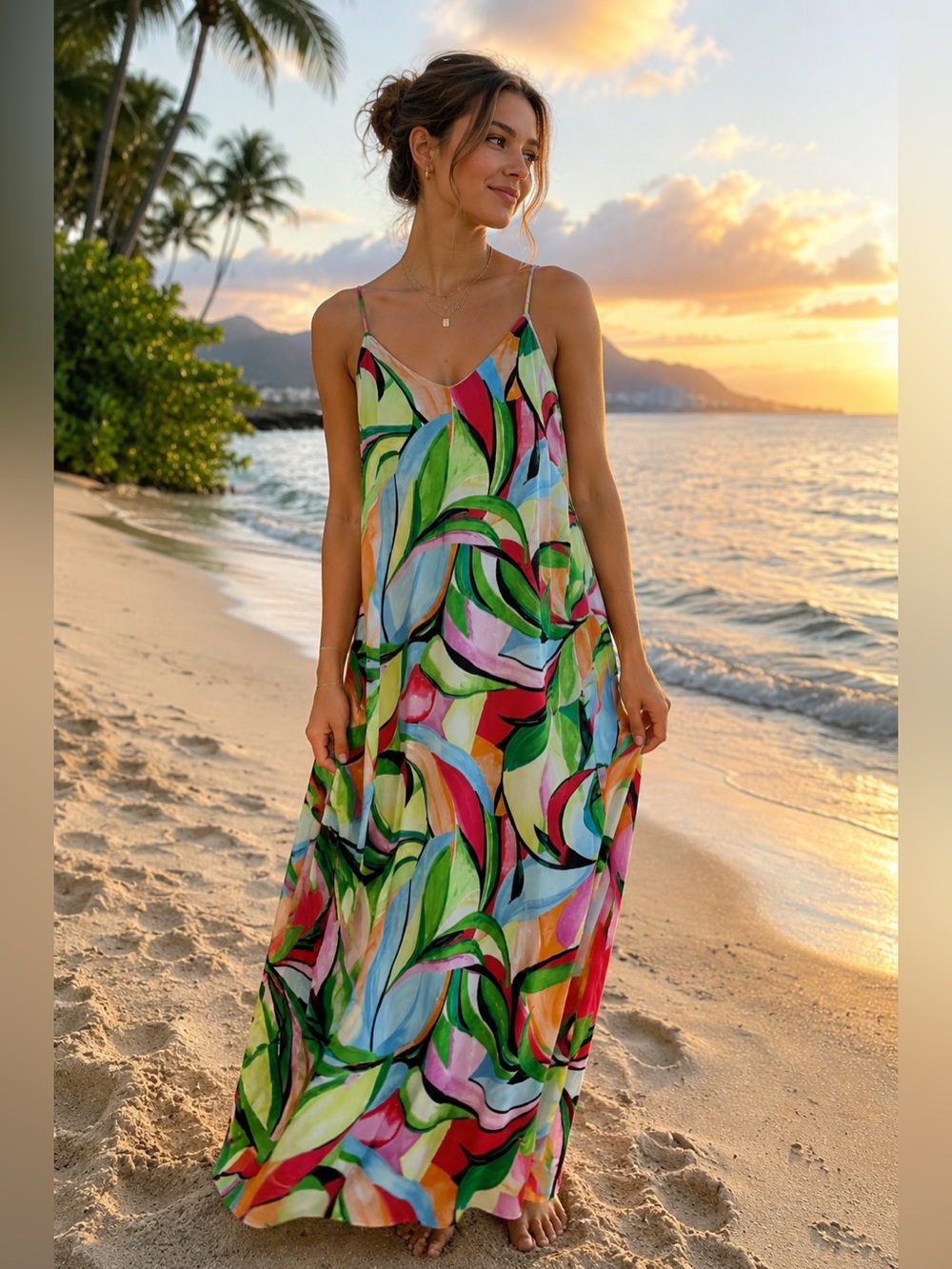 Colorful Abstract Print Maxi Slip Dress - Summer Garden